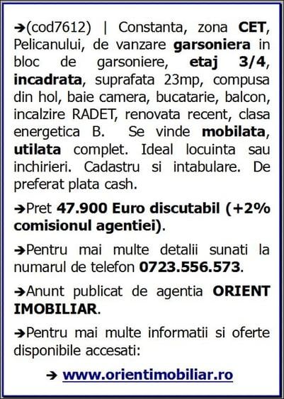 CET, de vanzare garsoniera, etaj 3, mobilata, vanzari Constanta - 9