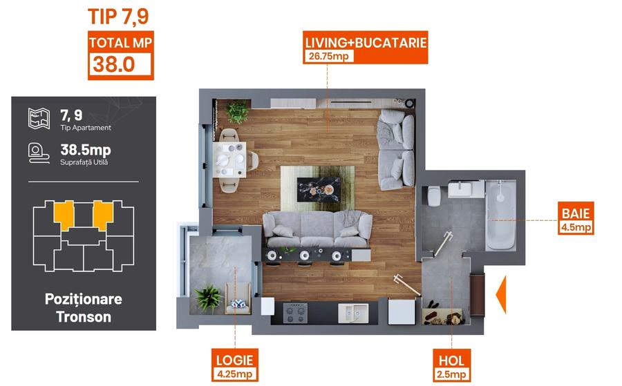 FINALIZAT! Te poti muta azi!  Apartament 1 camera, 38 mp - 92.900 euro + TVA la - 7