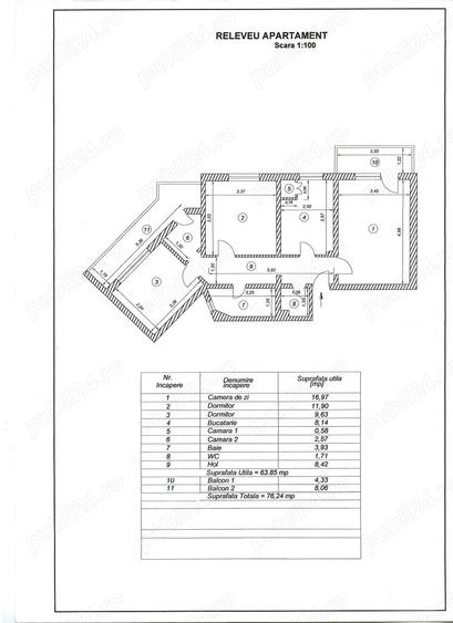 Vand Apartament decomandat, 3 camere Lapu?neanu - Dacia etaj 4 - 2