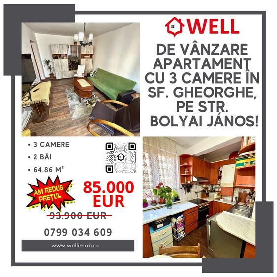 De vânzare apartament cu 3 camere în Sfântu Gheorghe, pe strada Bolyai János! - 1