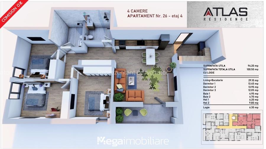 Apartament cu 4 camere în Tomis Plus