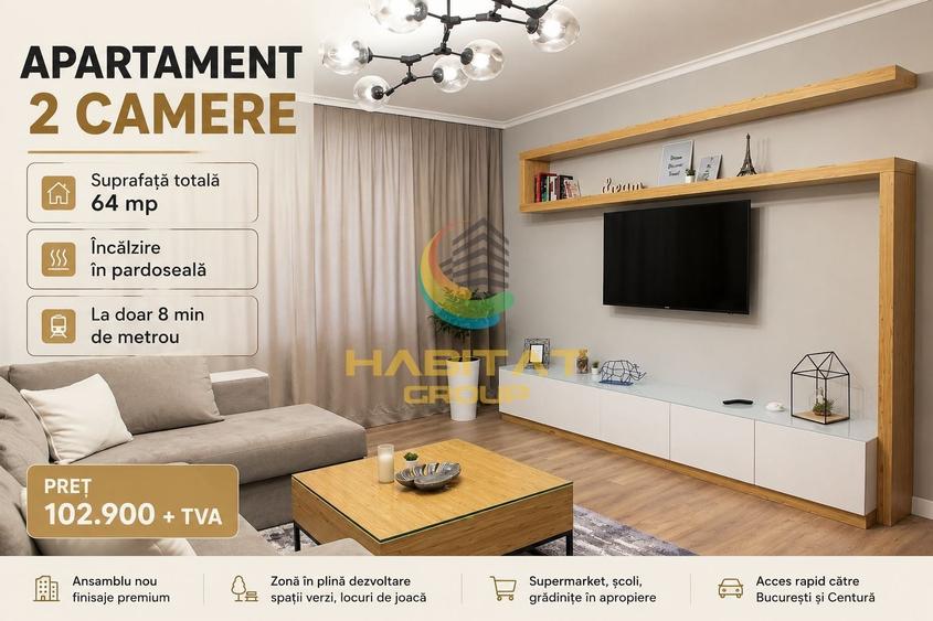 Vânzare Apartament 2 camere 64 mp - Popești Leordeni | Balcon 10 mp - 1