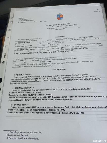 Teren de 2727 mp, în Gruiu