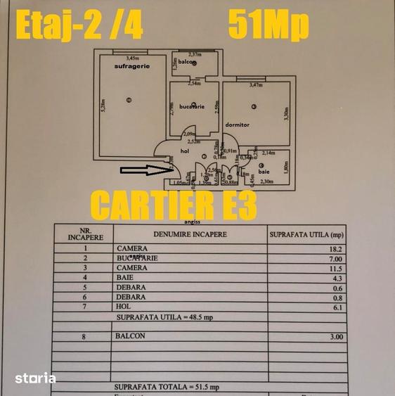 Apartament cu 2 camere decomandat în E3