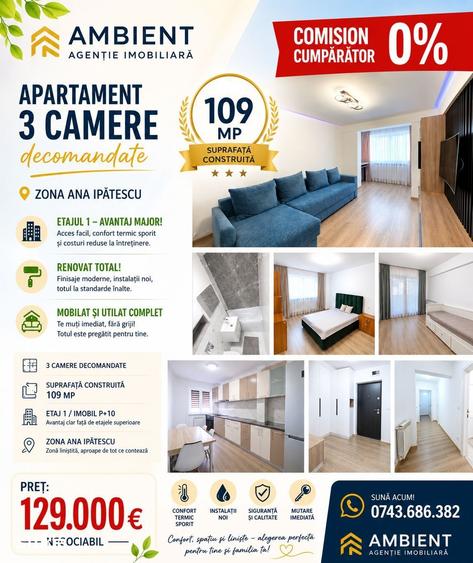 Apartament cu 3 camere, mobilat în Central