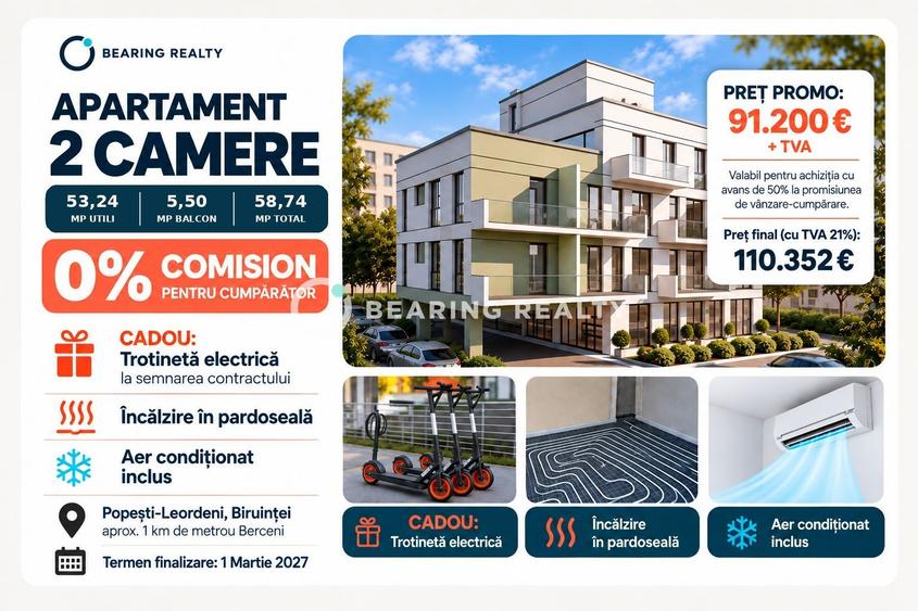 Apartament cu 2 camere semidecomandat în Est