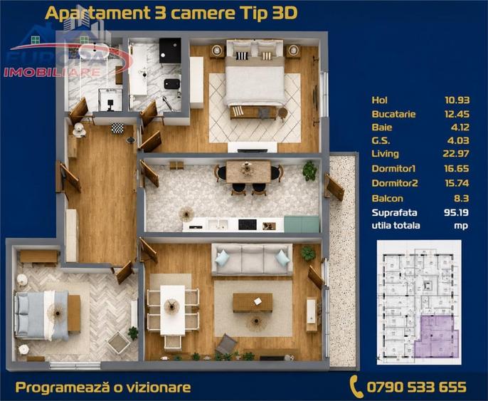 Apartament cu 3 camere decomandat în C5
