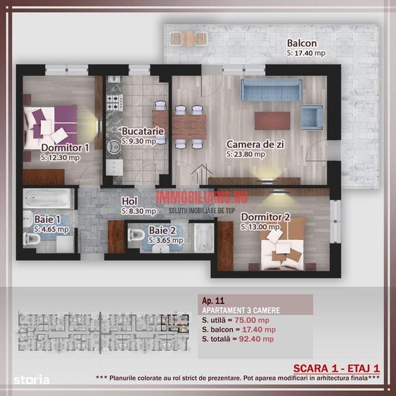 Apartament cu 3 camere în 1 Decembrie 1918