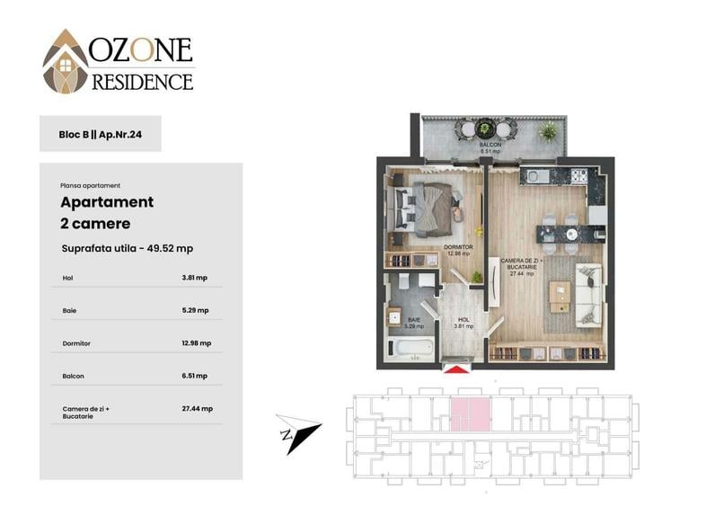 Ap. 2 camere Tractorul - Ozone Resedince Bloc B, etaj 2, balcon, aproape Coresi - 8
