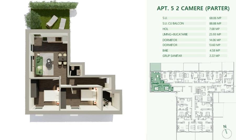 Apartament 2 camere Decomandat la parter cu curte 88 mp