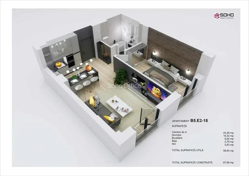 Apartament cu 2 camere semidecomandat în Tractorul