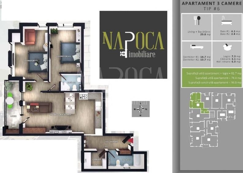 Apartament cu 3 camere semidecomandat în Florești — fotografia 1