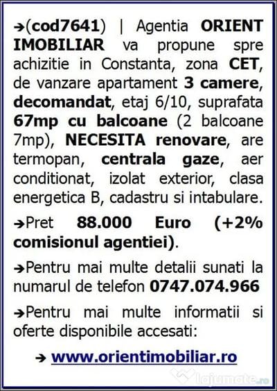 Apartament cu 3 camere decomandat în CET