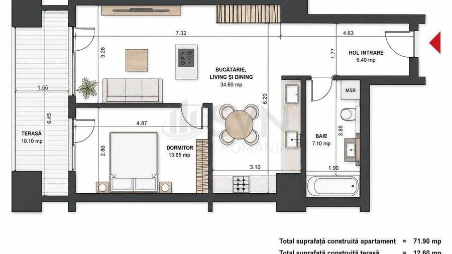 Apartament cu 2 camere semidecomandat în Aviației