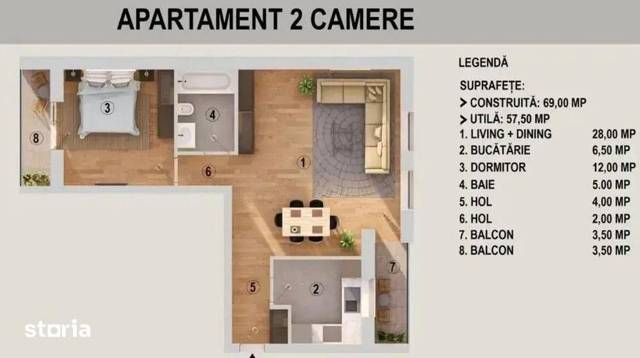 Apartament cu 2 camere decomandat în Tunari