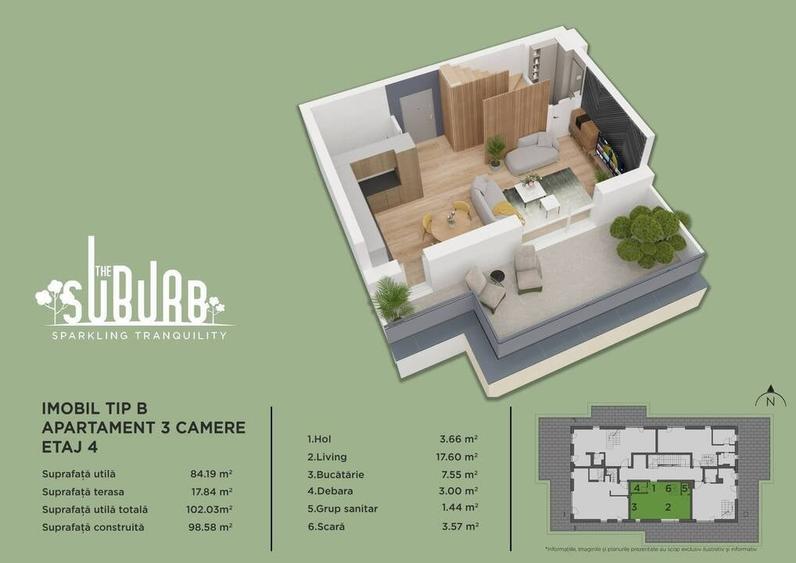 Apartament cu 3 camere decomandat în Nord