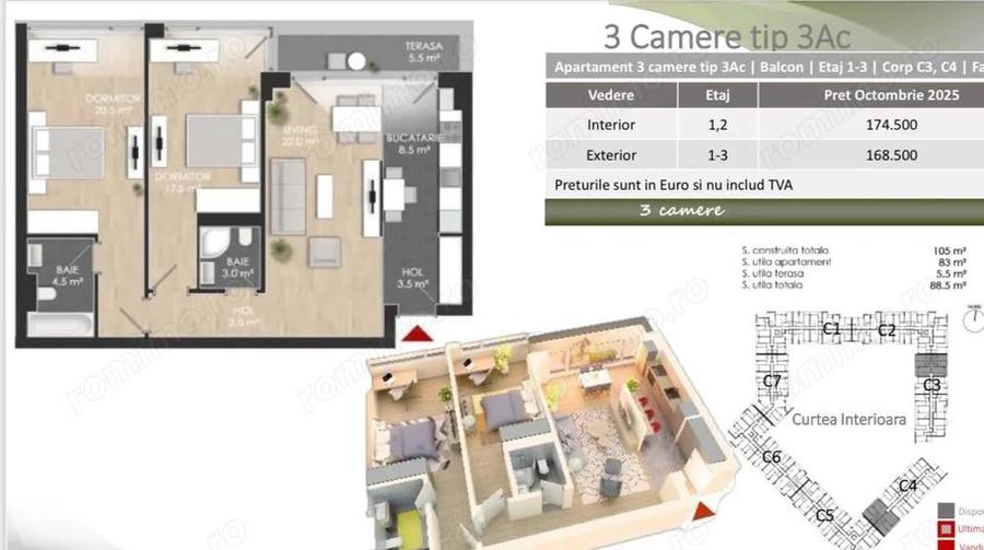 Apartament 3 camere spa?ios, amenajat, bloc nou, comision 0% - 8