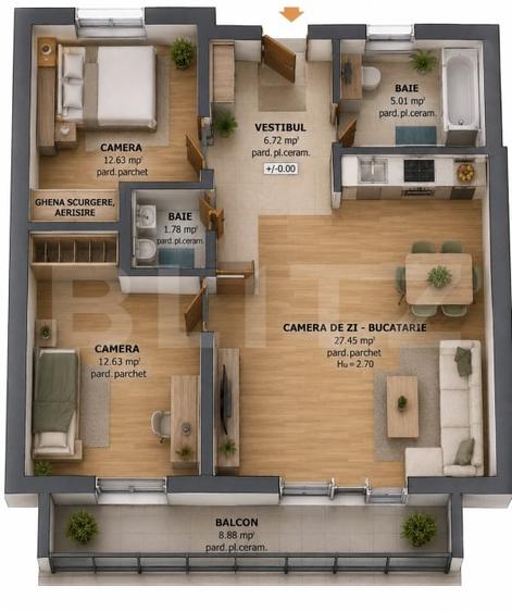 Apartament 3 Camere | 74,62 mp | Bloc Nou | Zona Tudor - 1