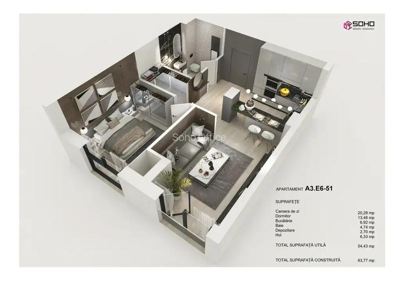 Apartament cu 2 camere semidecomandat în Tractorul