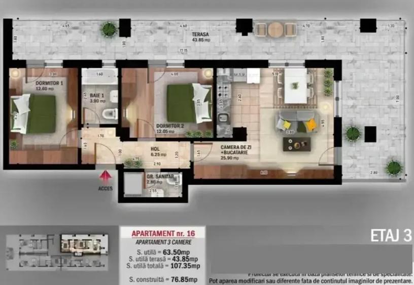 Apartament 3 camere cu terasă - 12