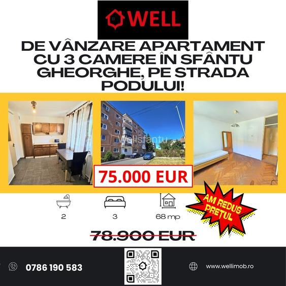 De vânzare apartament cu 3 camere în Sfântu Gheorghe, pe strada Podului!