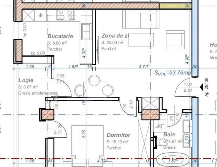 Apartament cu 2 camere, semidecomandat, 53 mp utili, logie 6 - 1