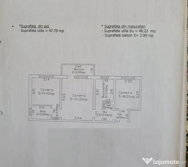 Apartament cu 3 camere semidecomandat în Central