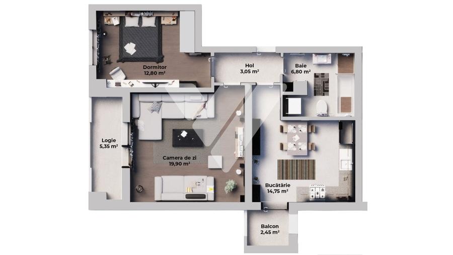 Apartament 2 camere, Decomandat, Bucatarie Separata - Etaj 1 - 3