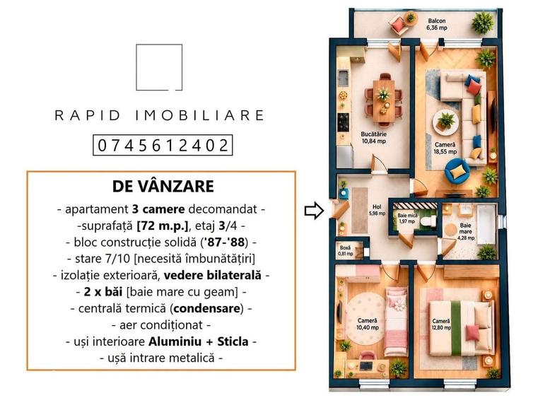 3 Camere - Decomandat - etaj 3/4 - Mazepa [Banci] - St: 72 mp - 1
