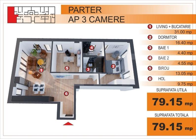 Apartament cu 3 camere în Central