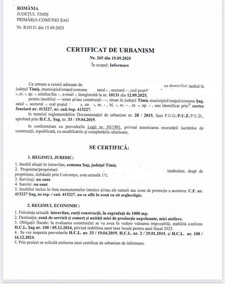 Teren Construcții intravilan de 1000 mp, în Șag
