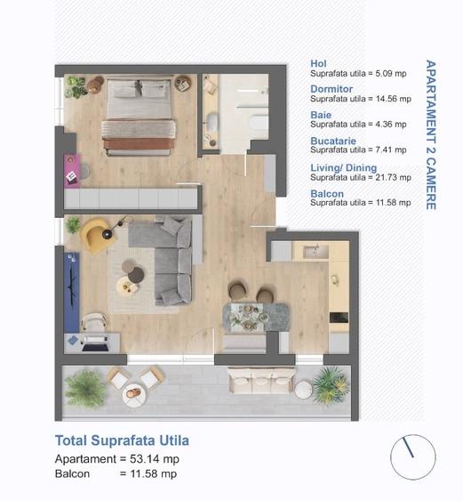 Apartament cu 2 camere, mobilat în Aradului