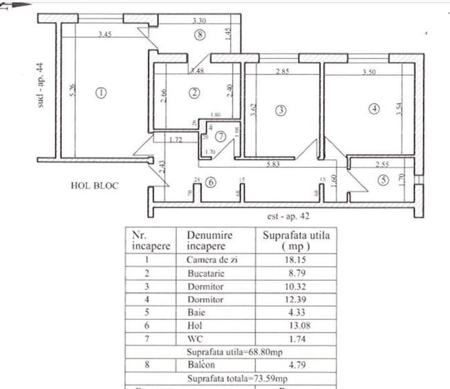 Apartament cu 3 camere decomandat în Central