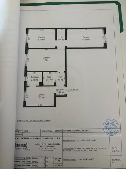 Apartament cu 3 camere semidecomandat în Șagului