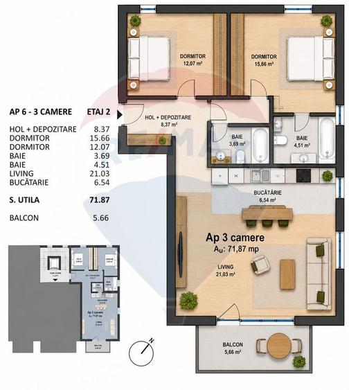 Apartament cu 3 camere semidecomandat în Semicentral