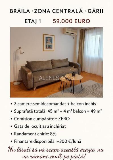 Etaj 1 - braila zona garii- Apartament 2 camere - comision 0-mobilat