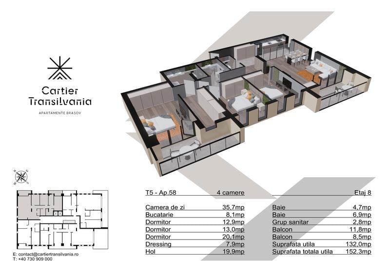 Apartament cu 4 camere decomandat în Noua