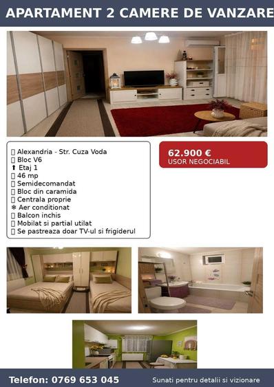 Apartament cu 2 camere semidecomandat în Cuza Vodă
