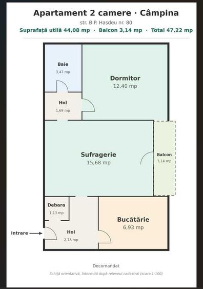 Apartament cu 2 camere semidecomandat în Central