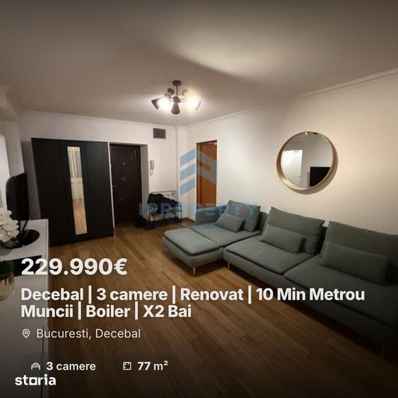 Apartament cu 3 camere semidecomandat, mobilat în Decebal