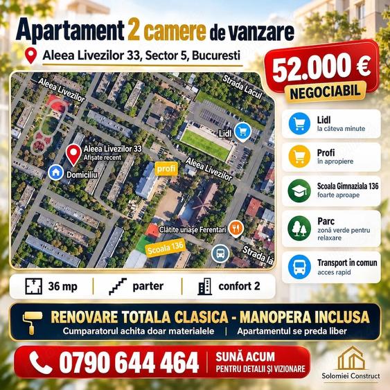 Apartament cu 2 camere semidecomandat în Ferentari