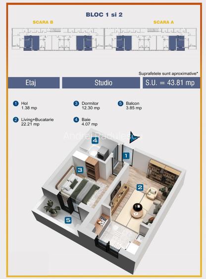 Studio cu 2 camere in bloc nou TVA 21% Inclus - Militari Residence