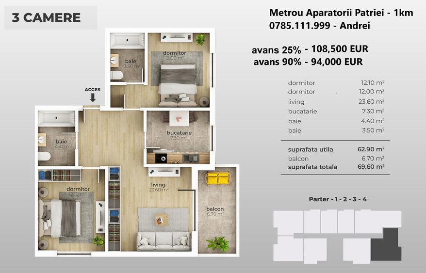 Metrou Aparatorii Patriei - 3 camere 2 bai 70mp - metrou 12 min - 6
