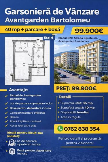 Garsoniera de vanzare Avantgarden Bartolomeu 40 mp + parcare + boxa - 1