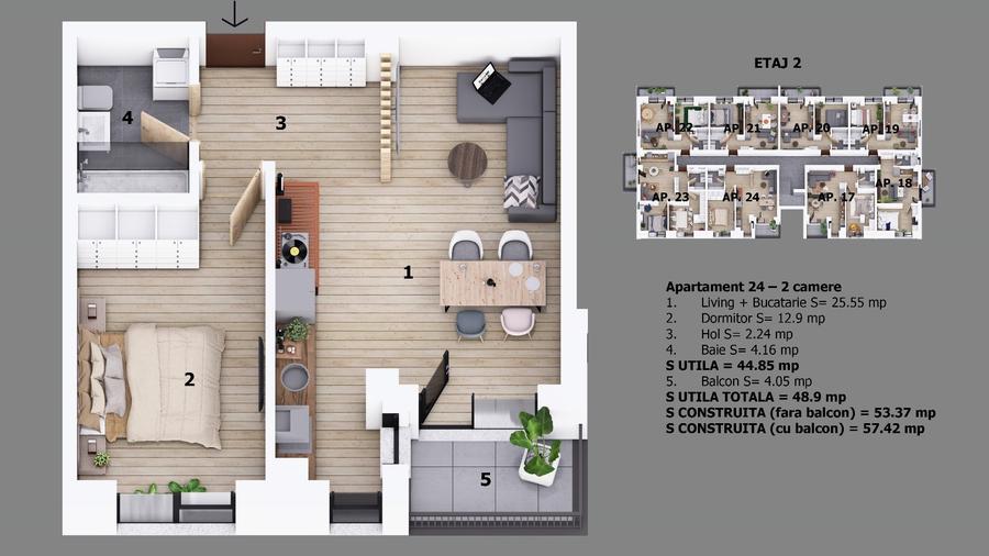 Apartament cu 2 camere decomandat în Central