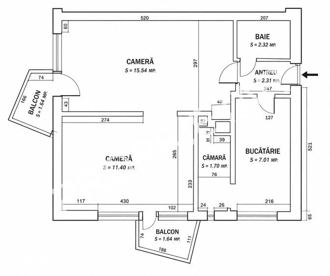 Apartament cu 2 camere în Nord