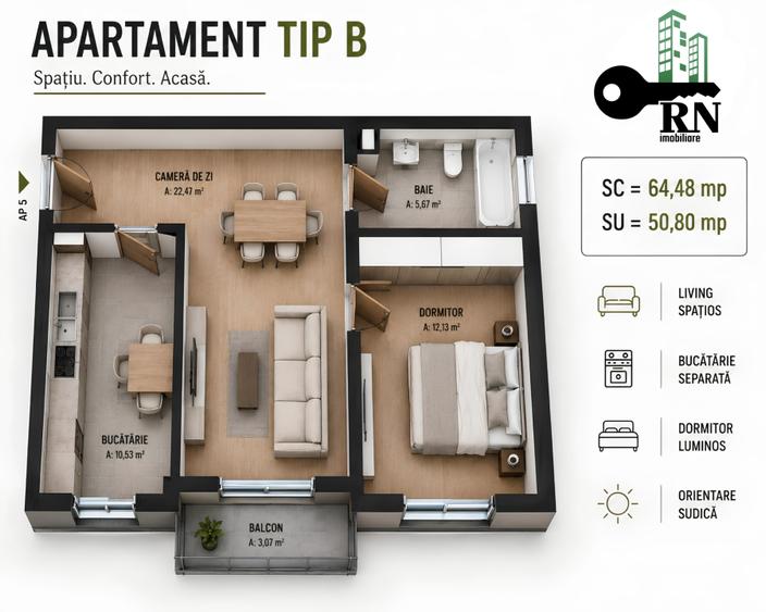 Apartament cu 3 camere decomandat în Central