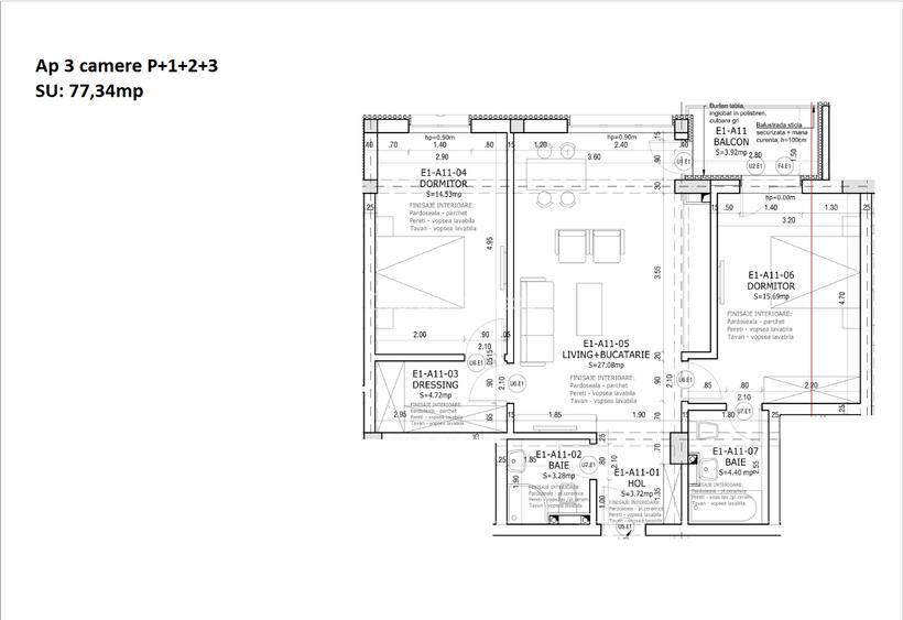Apartament 3 camere de vânzare în proiectul rezidențial Smile – Etaj 1, 77,34 mp