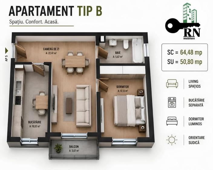 Apartament cu 3 camere în Central