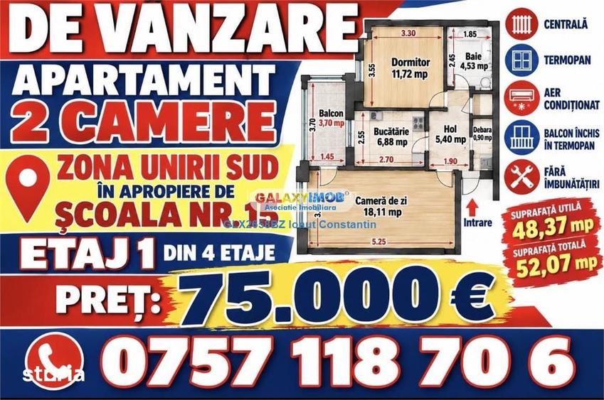 Vanzare apartament 2 camere zona UNIRII SUD- SCOALA 15